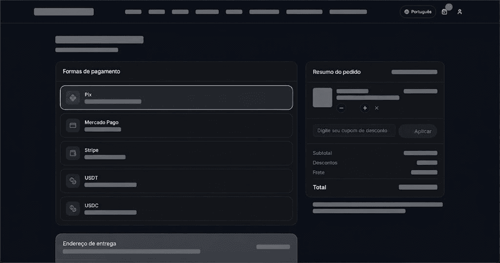 Checkout com as formas de pagamento Pix, Mercado Pago, Stripe, USDT e USDC, campo de cupom e resumo do pedido